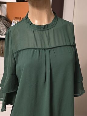 Monteau Dark Green Ruffle-Yoke Blouse Size M